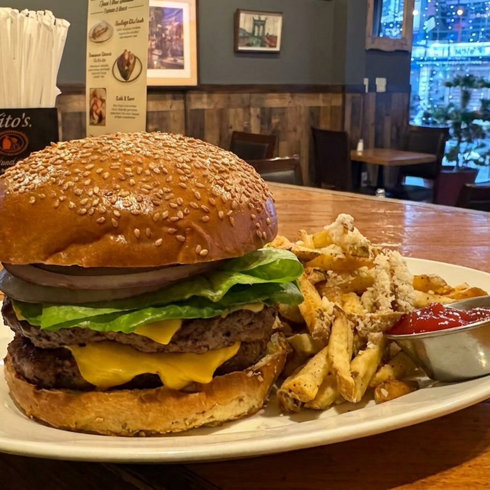 Double cheeseburger with lettuce on a sesame bun, served with fries and ketchup in a cozy restaurant.