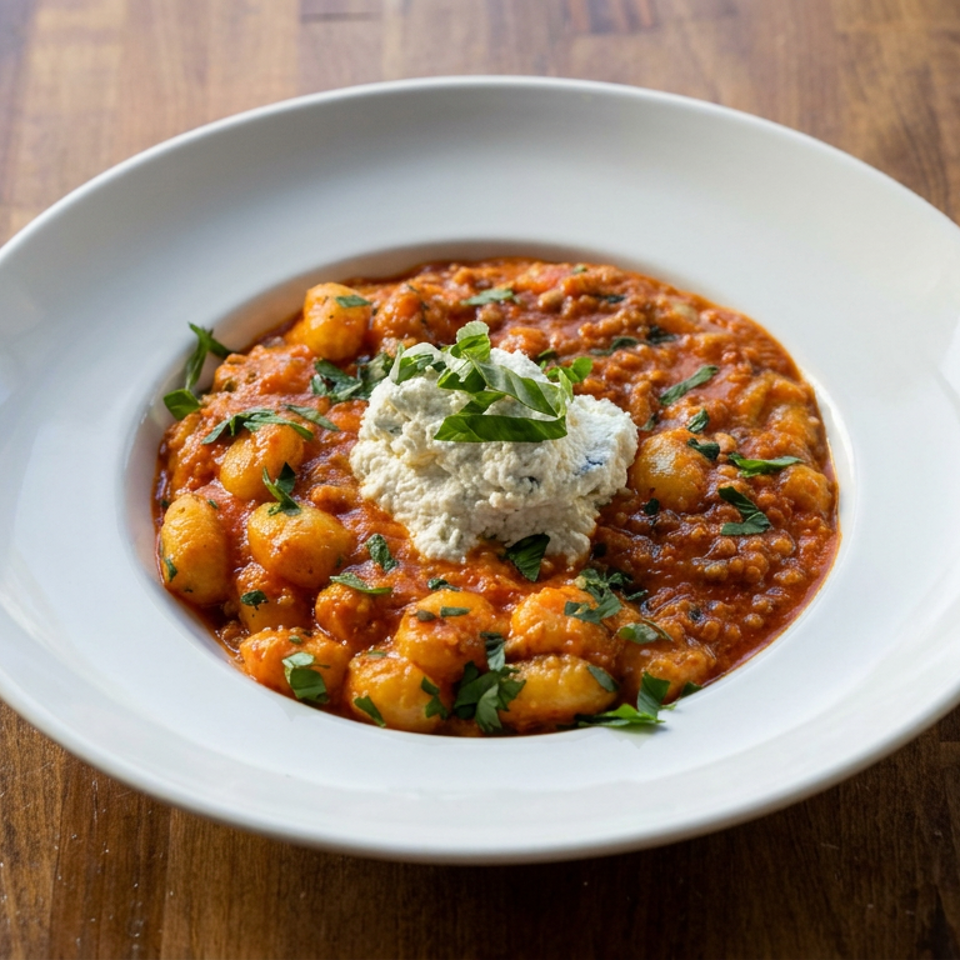 White bowl of gnocchi in tomato sauce topped with ricotta and fresh herbs on a wooden table.