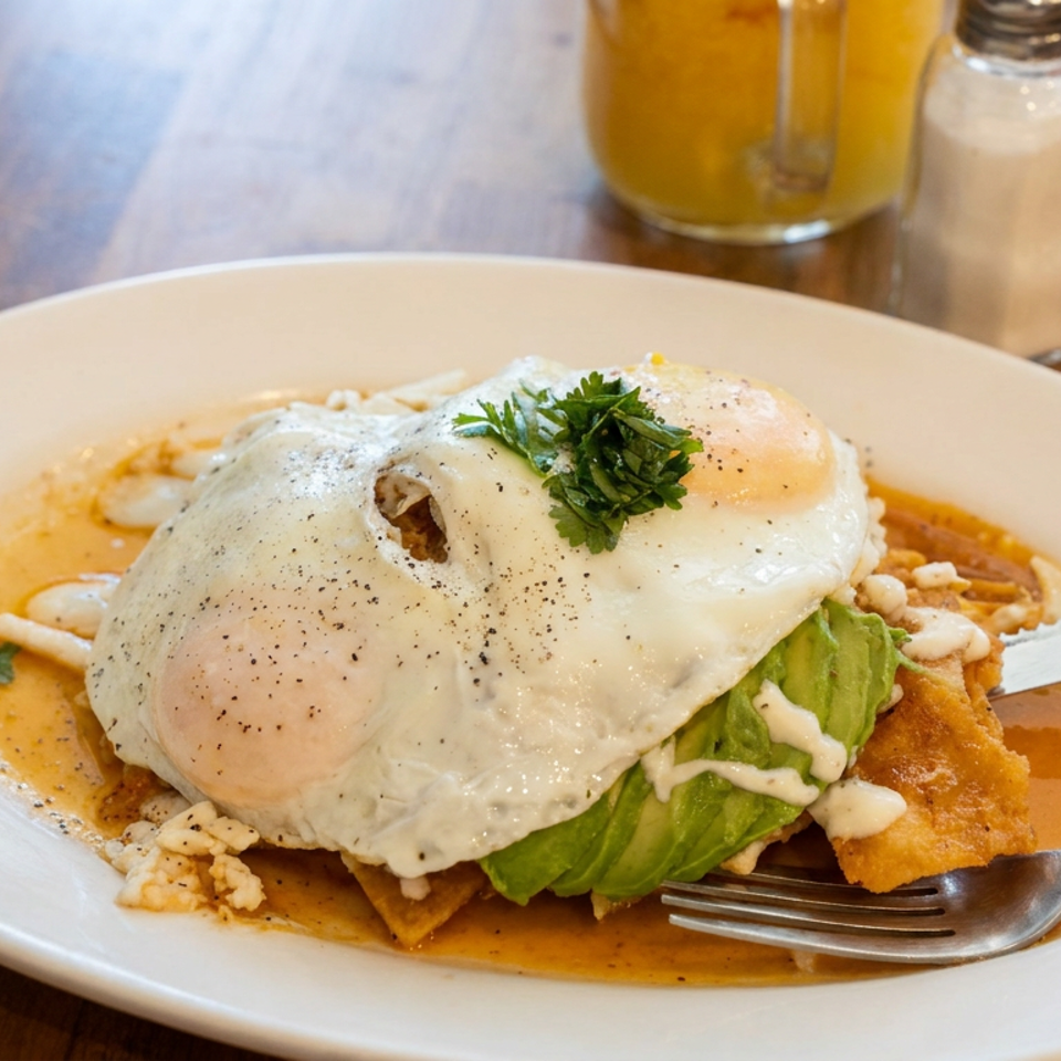 Breaded cutlet topped with fried eggs, avocado, creamy sauce, parsley, and pepper on a white plate.