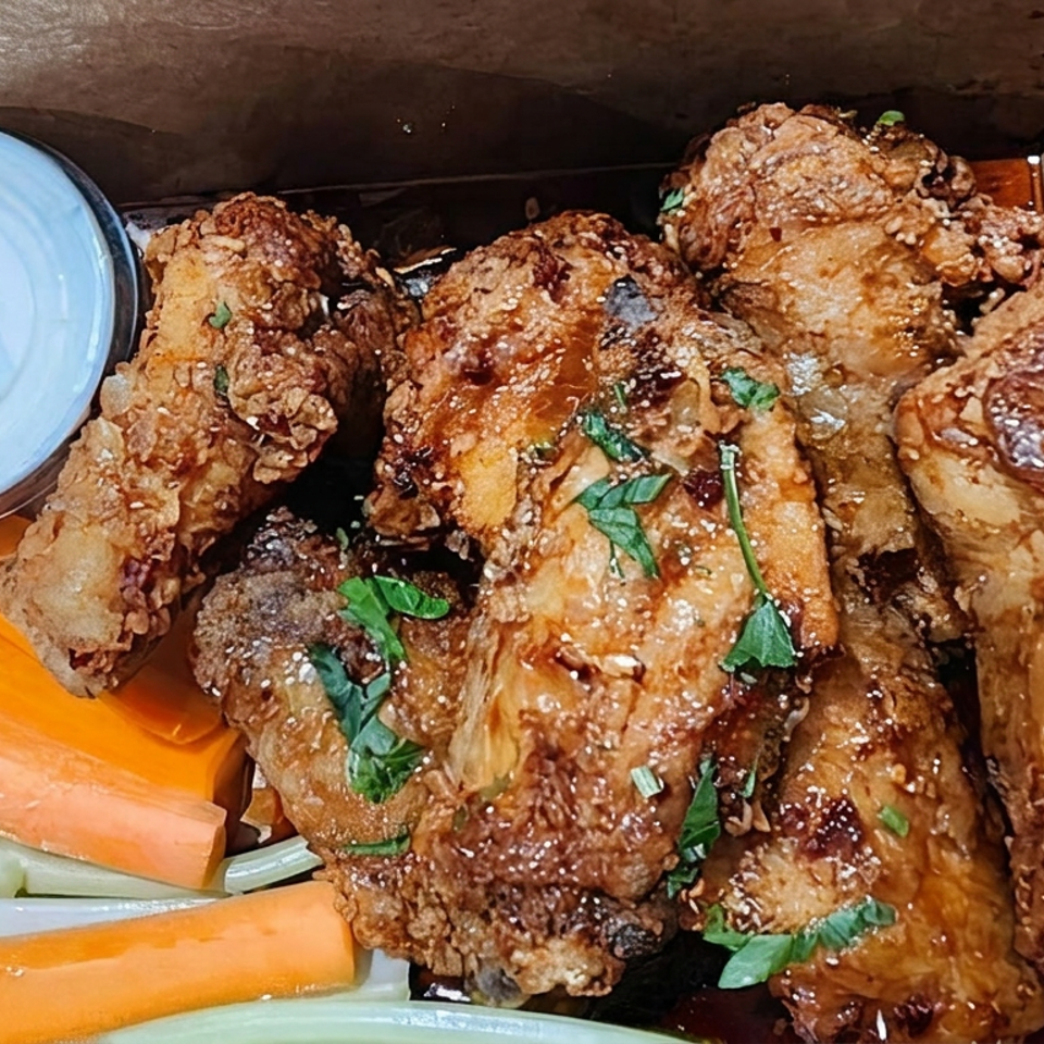 Crispy sauced fried chicken garnished with herbs and sesame, served with carrot and celery sticks and blue dipping sauce.